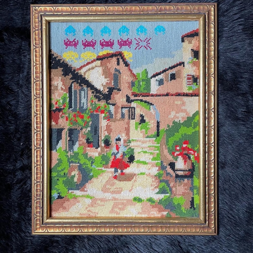 Vintage SPACE INVADERS needlepoint restitch on scenic embroidery retro Atari